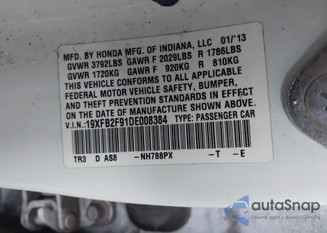 2013 Honda Civic Ex-L from USA, damaged, VIN 19XFB2F91DE008384